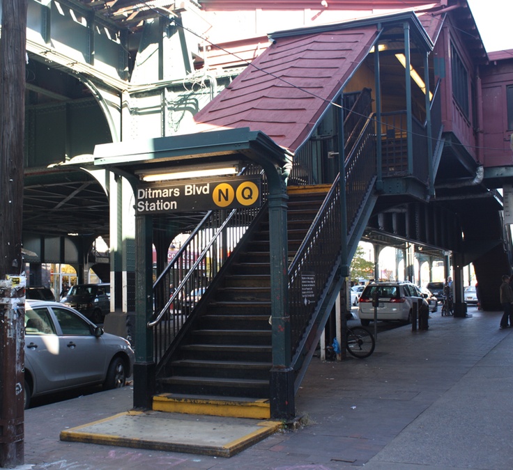 The Ditmars Boulevard N/Q station staircase beneath the elevated tracks