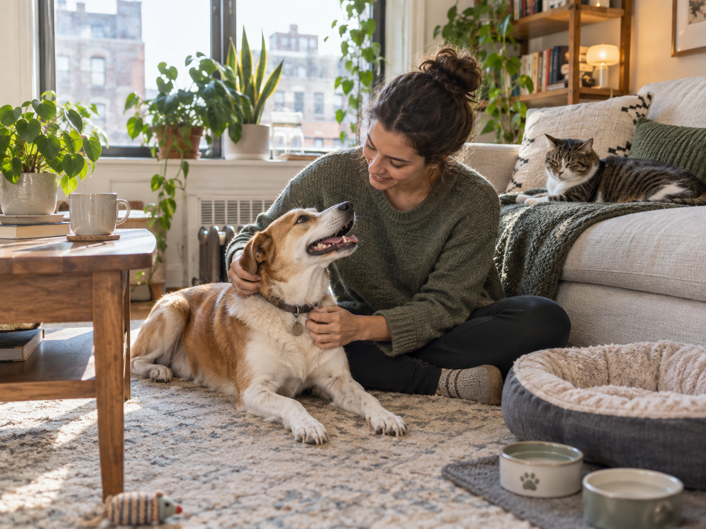 Caregiver relaxing at home with a happy dog and a cat nearby
