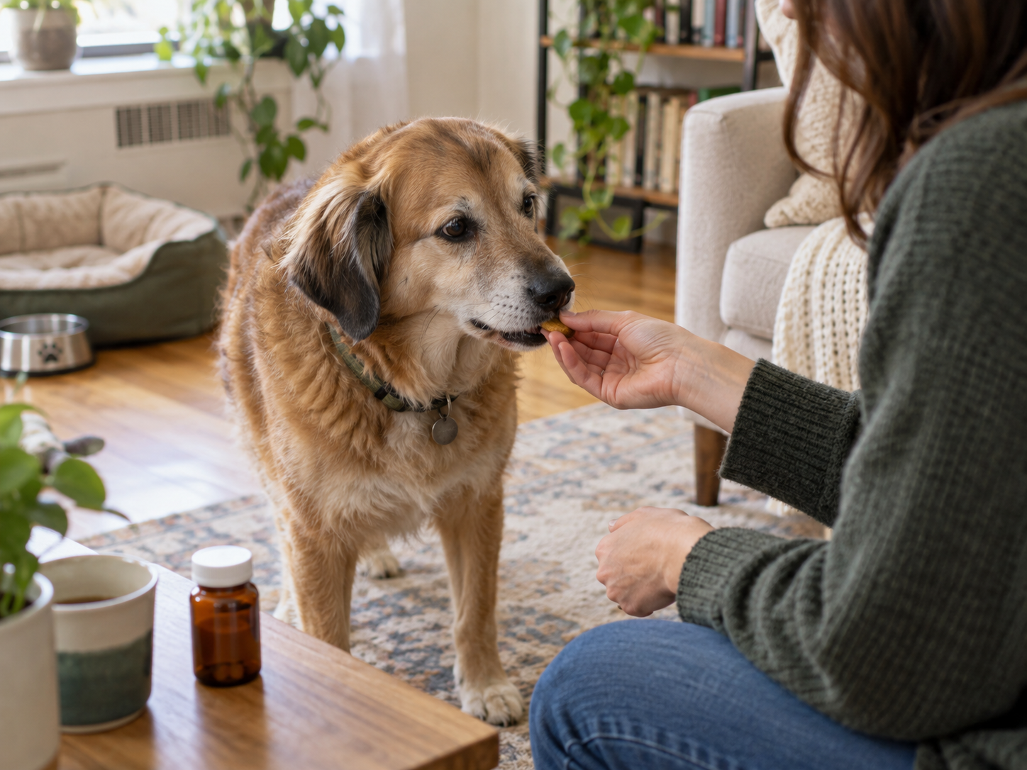Caregiver offering routine medication support to an older dog at home