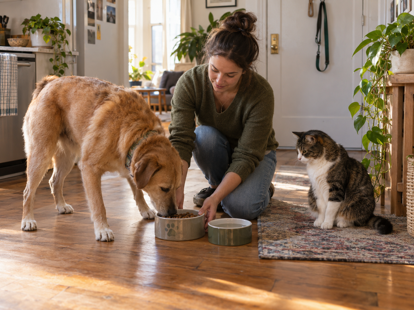 Caregiver serving food to a dog while a cat watches nearby