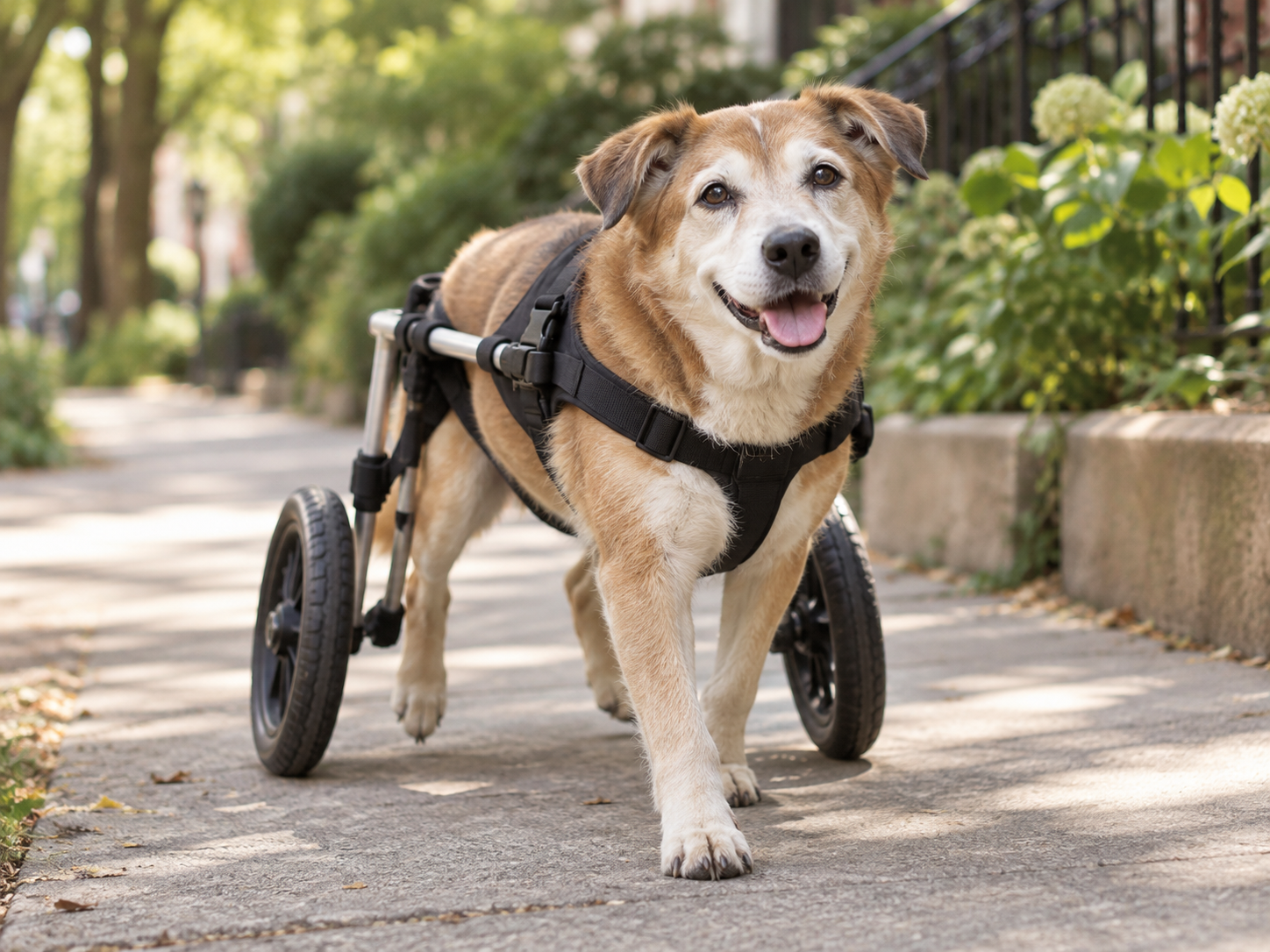 Happy senior dog using a rear-wheel mobility cart on a neighborhood sidewalk.