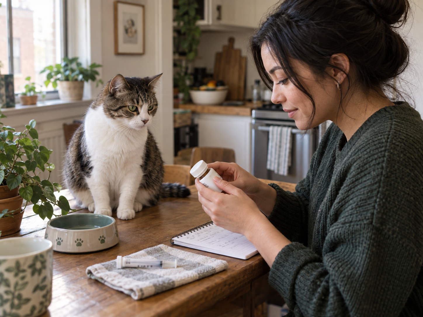 Caregiver reviewing medication instructions beside a cat at home